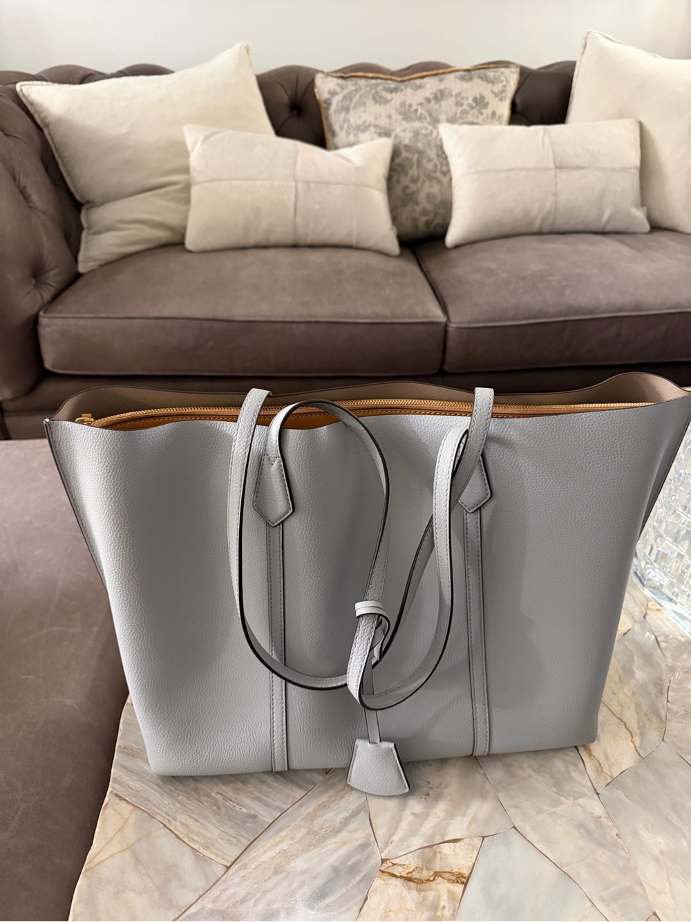 Tory Burch Light Blue Leather Tote with Tan interior